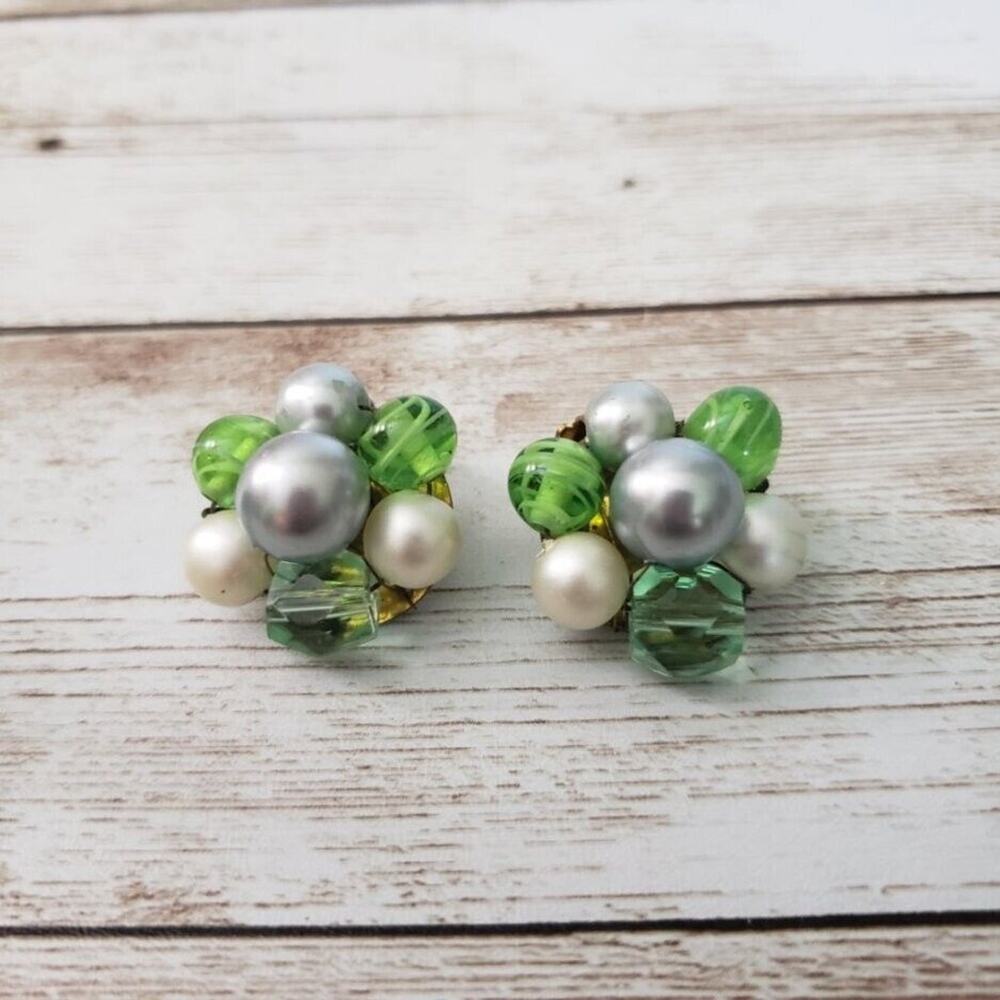 Vintage Clip On Earrings - Cluster in Different Shades of Green 7/8"